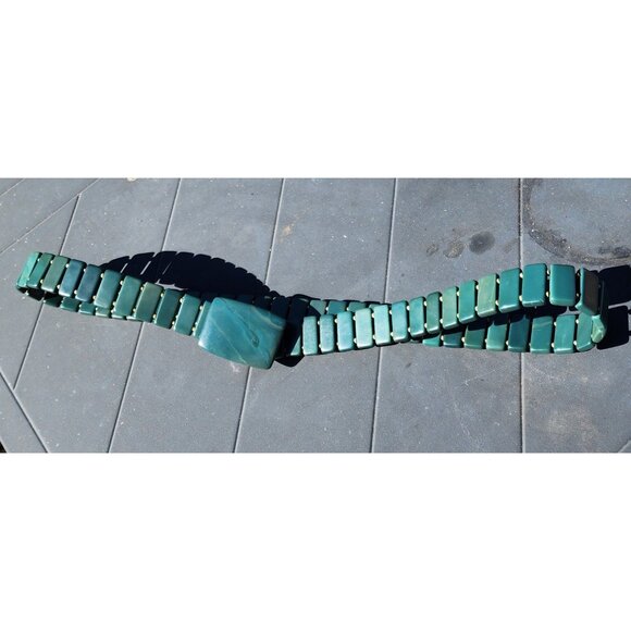 Vintage Belt Mid-Century Green Stone Rectangular Bead Chain Buckle Adjustable - Picture 3 of 6